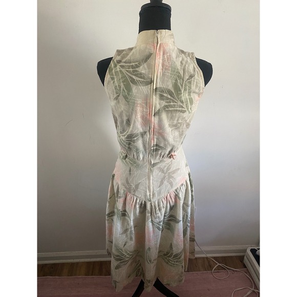 Vintage Tropical Leaf Print Mock Neck Keyhole Midi Dress Women's Sleeveless - Picture 6 of 11